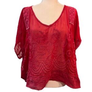 Lucky Brand Silk Embroidered Eyelet Blouse Boho Romantic Top L